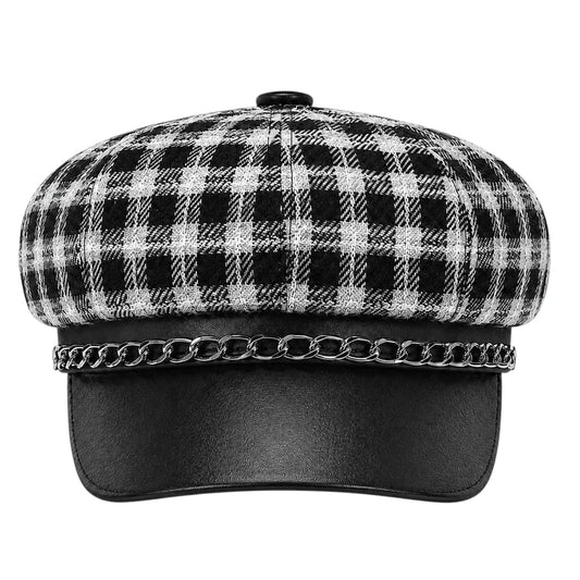 Capvora Black Midnight Plaid Chain Baker Boy Cap